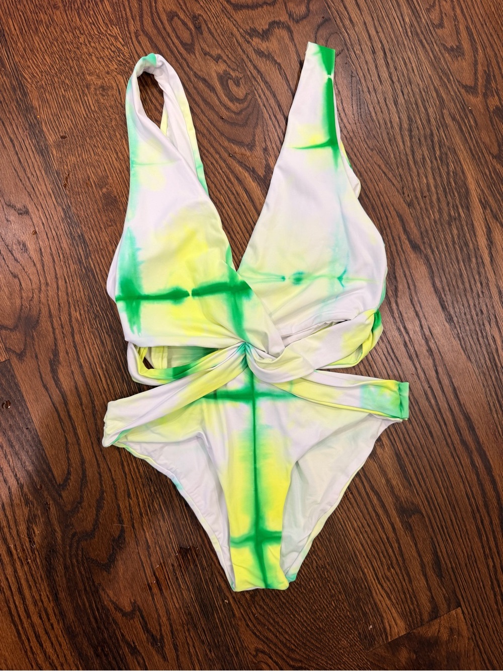 Tie-Dye Plunge One-Piece Swimsuit in White, Yellow & Green